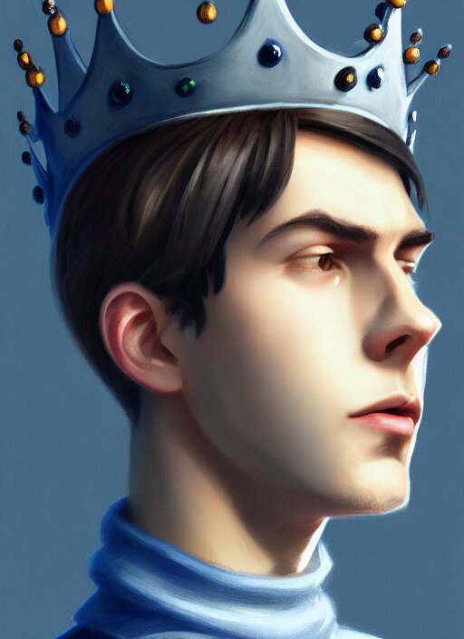 portrait of teenage jughead jones wearing a light grey crown, crown, light grey crown, blue turtleneck, 1 9 5 0 s, closed eyes, intricate, elegant, glowing lights, highly detailed, digital painting, artstation, concept art, smooth, sharp focus, illustration, art by wlop, mars ravelo and greg rutkowski