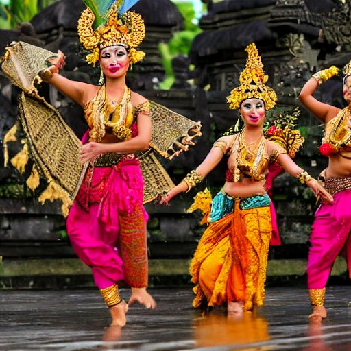 bali island, balinese dancers, perfect faces replaced all the people with beach and palm trees