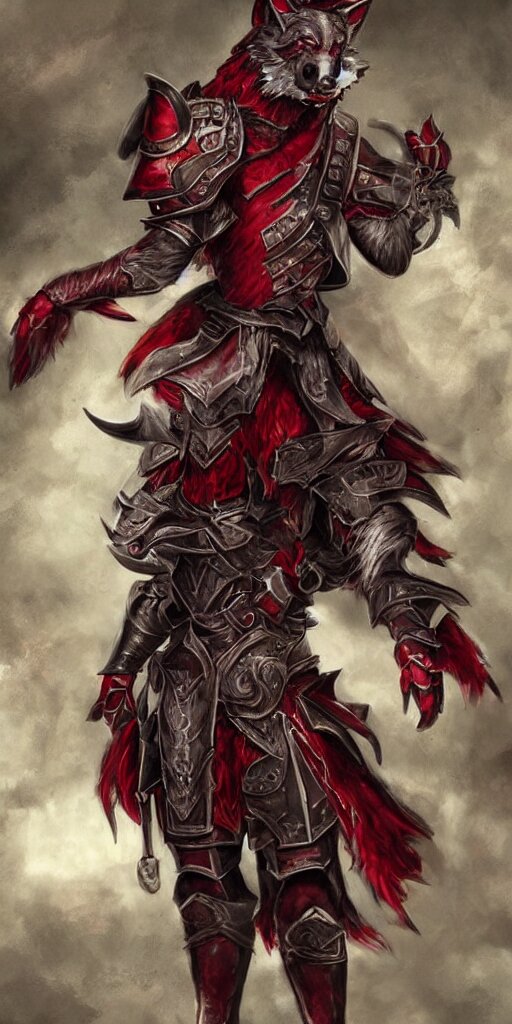 beautiful, highly detailed, anthropomorphic elegant crimson wolf knight furry in armor, magic the gathering