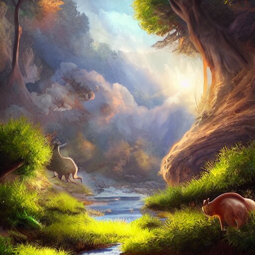 Mystical Lush Landscape on Another Planet - with Different Creatures - Light Fall - Beautiful Detailed Digital Painting - Trending on ArtStation and DeviantArt. Remove the blue and green hues from the sky, and make the light brighter, to give the painting a mystical feel.