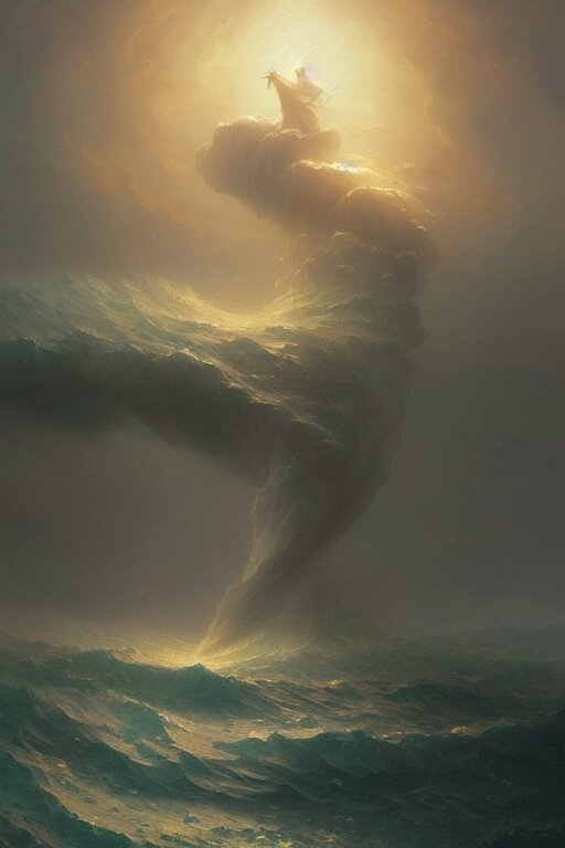 A stunning detailed water deity by Ivan Aivazovsky,  Peter Mohrbacher , Greg Rutkowski, stormy ocean, beautiful lighting, full moon, detailed swirling water tornado, artstation