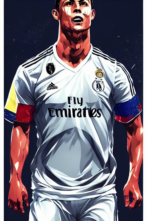 christiano ronaldo, manga cover art, detailed color portrait, artstation trending, 8 k, greg rutkowski. Make him look like real Ronaldo