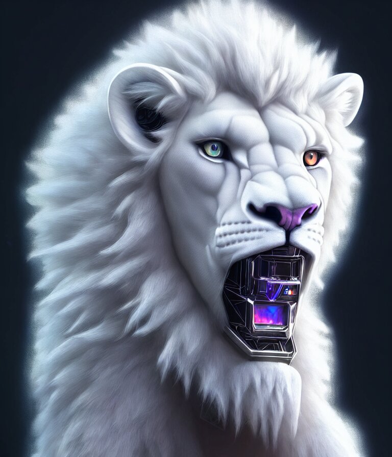 Front Shot of a Muscular Male Albino White Furry Lion Character, Holographic Crystals, Bionic Futurism, Robotic Cyborg, 8 5 mm f 1. 8, Elegant Detailed Concept Artstation Sharp Focus Ray Tracing Cinematic Masterpiece Fine Portrait by Artgerm Greg Rutkowski Tooth Wu Beeple. front shot of a muscular male albino white furry lion character, holographic crystals, bionic futurism, robotic cyborg, 8 5 mm f 1. 8, ominous elegant detailed concept artstation sharp focus ray tracing cinematic masterpiece fine portrait, by artgerm greg rutkowski tooth wu beeple