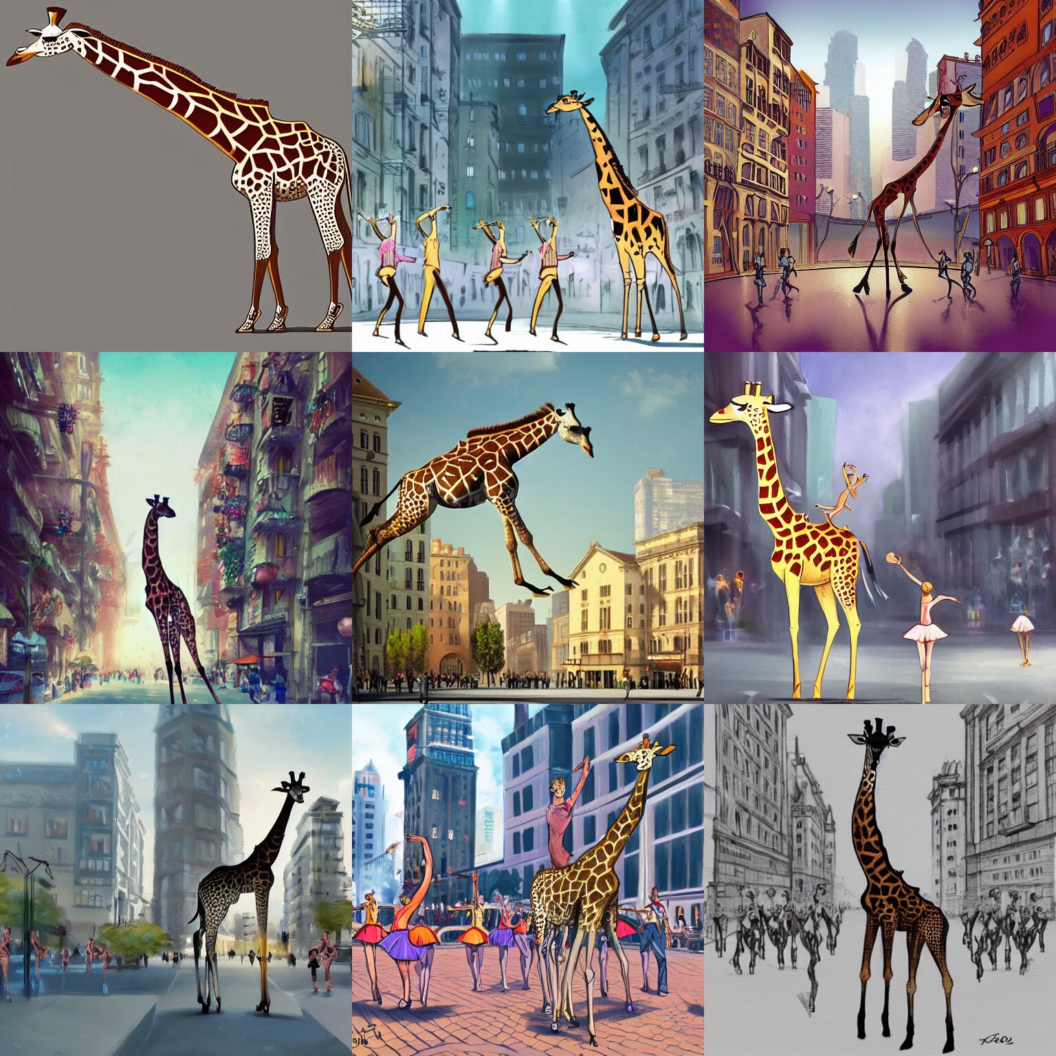 a giraffe dancing ballet in the center of city, concept art 