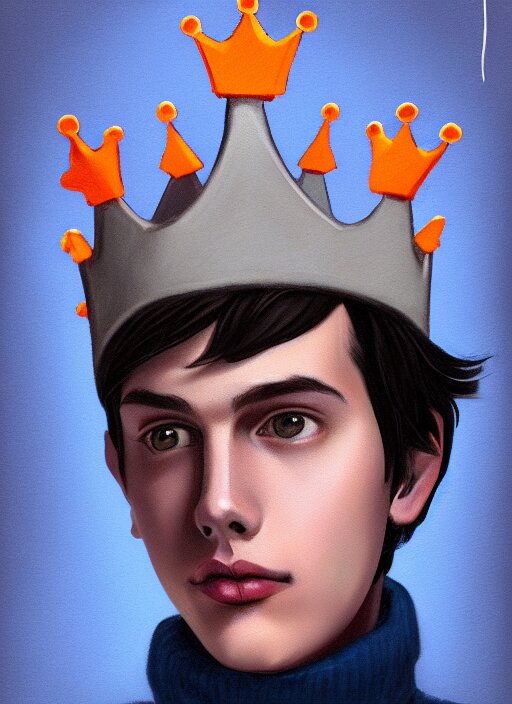 Portrait of Teenage Jughead Jones Wearing a Light Grey Crown, Crown, Blue Turtleneck, 1915, Closed Eyes, Photorealistic, Black Hair, Orange Lighting, Ensemble, Intricate, Elegant, Glowing Lights, Highly Detailed, Digital Painting, Artstation, Concept Art, Smooth, Sharp Focus, Illustration, Art by W. turn his head to the right