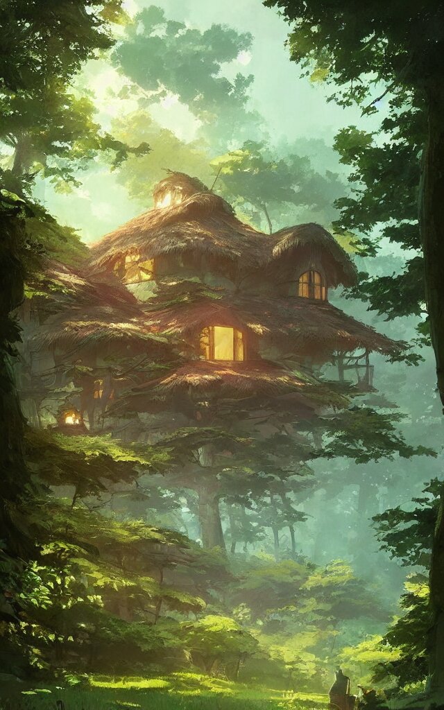 Stunning cottage, solar, lush, forest, beautiful, by Studio Ghibli and Greg Rutkowski, artstation with a different color palette. Make all the colors a different color