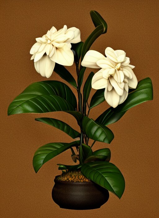 an isolated gardenia plant, full view, centered, 3 d render, art nouveau dark outlines, ultra realistic, masked transparent flat background, popular on sketchfab, pixelsquid, 8 k, volumetric lighting, super focused, no blur, trending on artstation, octane render, ultra detailed, hyperrealistic, by artgerm and greg rutkowski and alphonse mucha