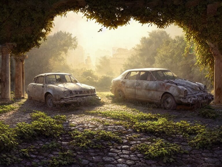 a tree growing on a scrap car in ancient greek ruins, gray wasteland, many overgrown scrap cars, overgrown pillars and arches, vines, flowers, hyperrealistic, highly detailed, cinematic, ray of golden sunlight, beautiful, cgsociety, artstation, 8 k, oil painting by greg rutkowski, by artgerm, by wlop 