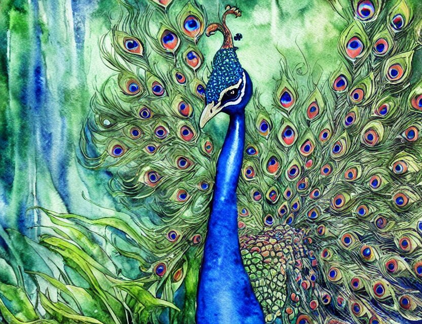 Add a colorful peacock to the foreground for a more tropical feel. This watercolor painting by the award - winning mangaka has a beautiful composition, dramatic lighting and intricate details. add a colorful butterfly to the foreground