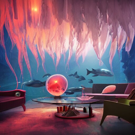 photo of the modern fashionable room as aquarium with a chandelier as a big jellyfish, beautiful corals on the walls and dangerous sharks on the big panoramic window, realism, sharp details, cinematic, a lot of gleans, under the ocean, realistic colors, realistic shadows, daylight by beeple and by greg rutkowski 