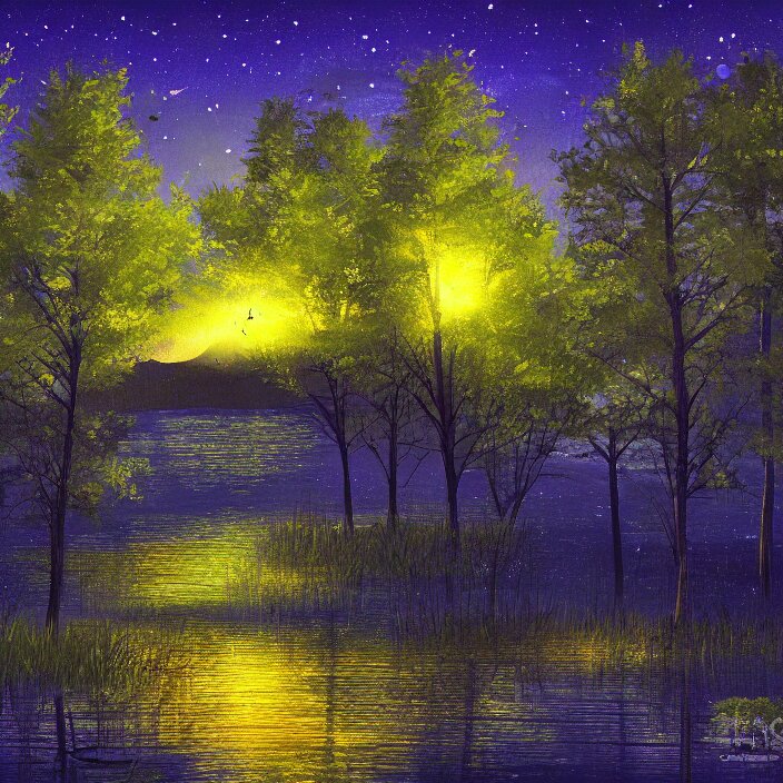 lake trees night fireflies glowing above water digital painting concept art add a dragon