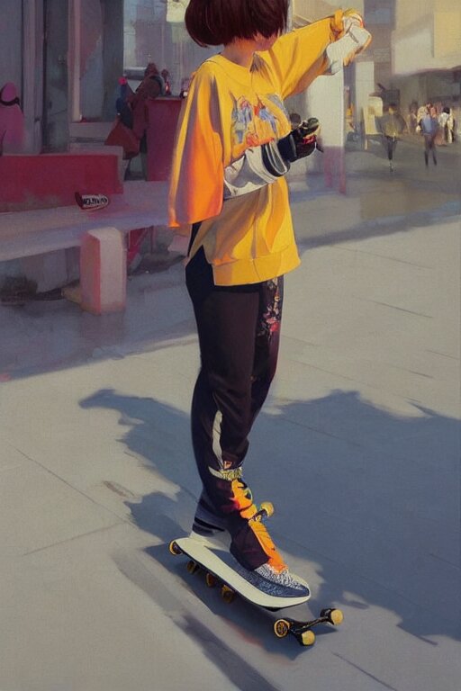 A ultradetailed beautiful panting of a stylish woman standing on a skateboard, she is wearing streetwear, bright sunny day, Oil painting, by Ilya Kuvshinov, Greg Rutkowski and Makoto Shinkai