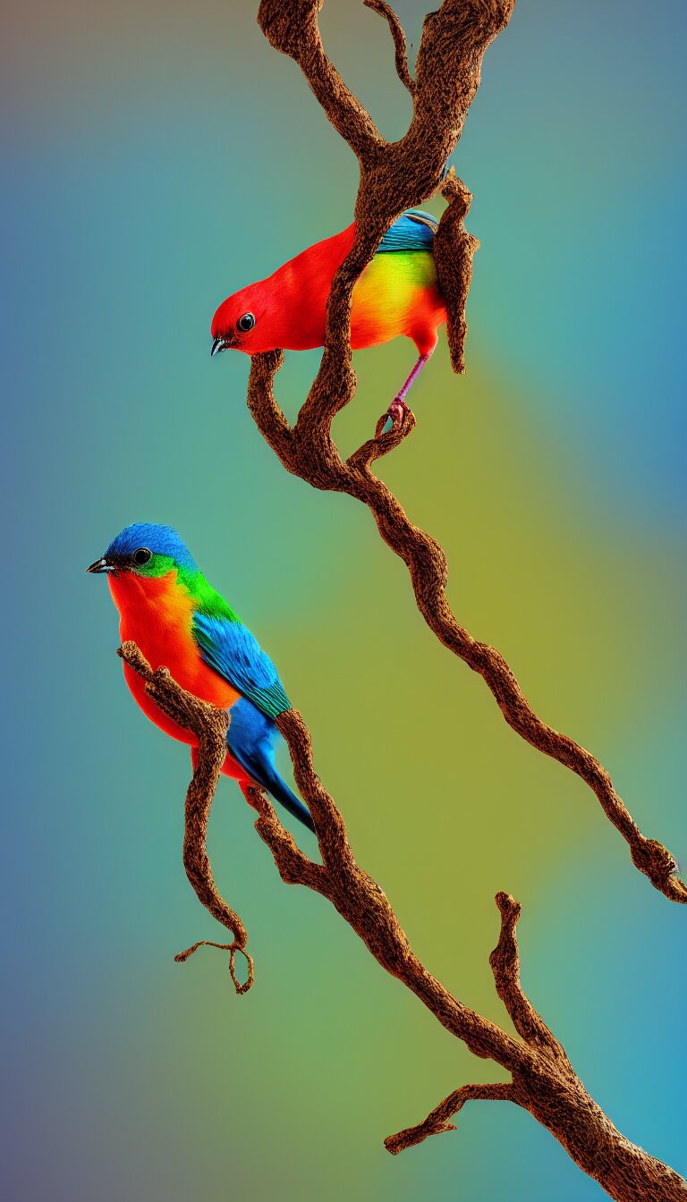 highly detailed photo of beautiful colorful bird sitting on small tree, hyper realistic, concept art, 8 k detail post - processing