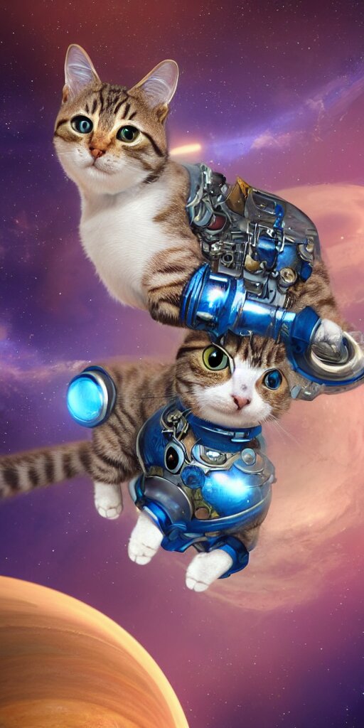 A cat with beautiful blue eyes flying in a steampunk space suit over the Saturn planet, digital illustration, concept art, 8k, trending on artstation, highly detailed