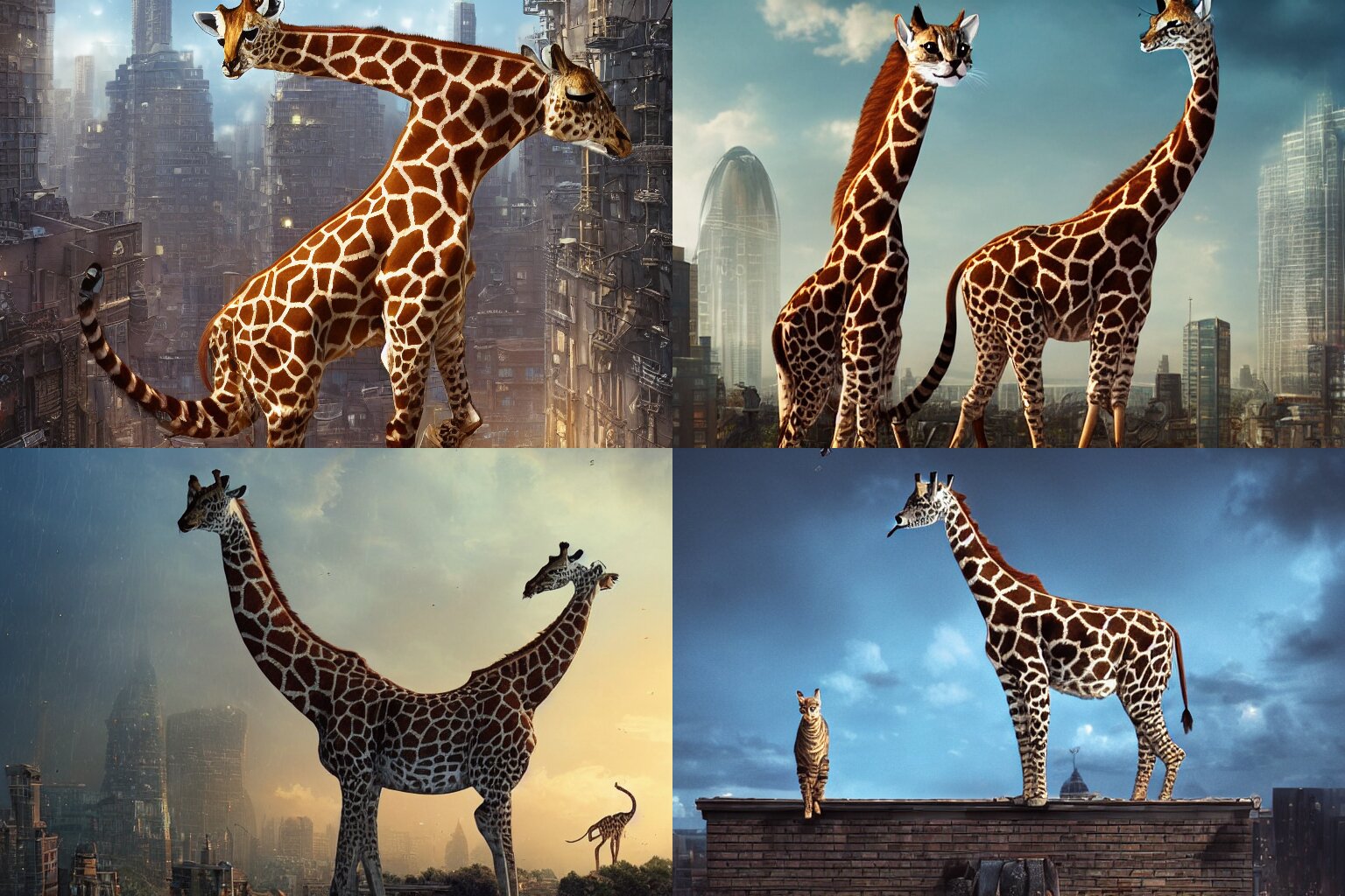 a cat as giraffe standing on the rooftop, big giraffe, fantasy, illustration, intricate, epic lighting, cinematic composition, hyper realistic, 8 k resolution, unreal engine 5, by artgerm, tooth wu, dan mumford, beeple, wlop, rossdraws, james jean, andrei riabovitchev, marc simonetti, yoshitaka amano, artstation 