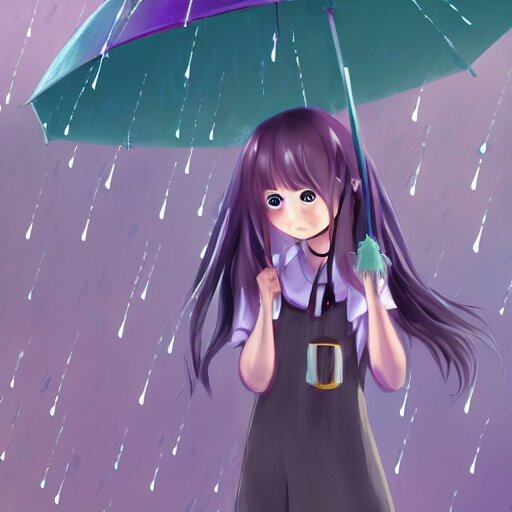 girl trying to stay dry while it rains, serious, extremely detailed, made by wlop and studio ghibli, full body portrait, illustration, grass, rain drops can be seen, very cloudy, anime, side view, perfect anime face, detailed face. make her smiling