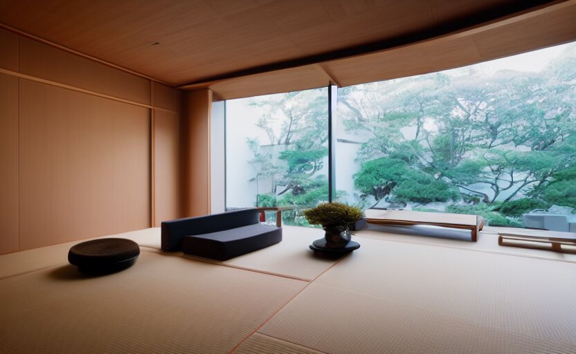 futuristic minimalist japanese living room, japanese flower arrangements, coherent composition, architecturally accurate, architecture photography, 8 k 