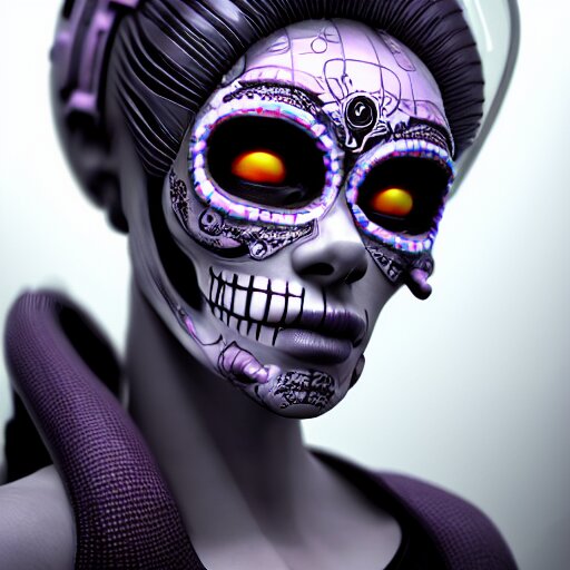 ultra detailed, portrait of Female Android, dia de los muertos, scifi, cyberpunk, fantasy, intricate details, eerie, movie still, airbrush, matte painting, professional digital painting, artstation, concept art, smooth, sharp focus, no blur, no dof, extreme illustration, Unreal Engine 5, Photorealism, HD quality, 8k resolution, cinema 4d, 3D, beautiful, cinematic, art by artgerm and Godmachine and michael welan and DZO and greg rutkowski and alphonse mucha and loish and WLOP