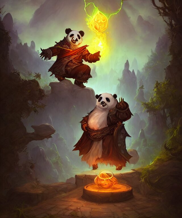 A portrait an anthropomorphic panda mage casting a spell, wearing mage robes, landscape in background, dnd character art portrait, world of warcraft style, by peter mohrbacher, cinematic lighting. turn it into a fantasy illustration