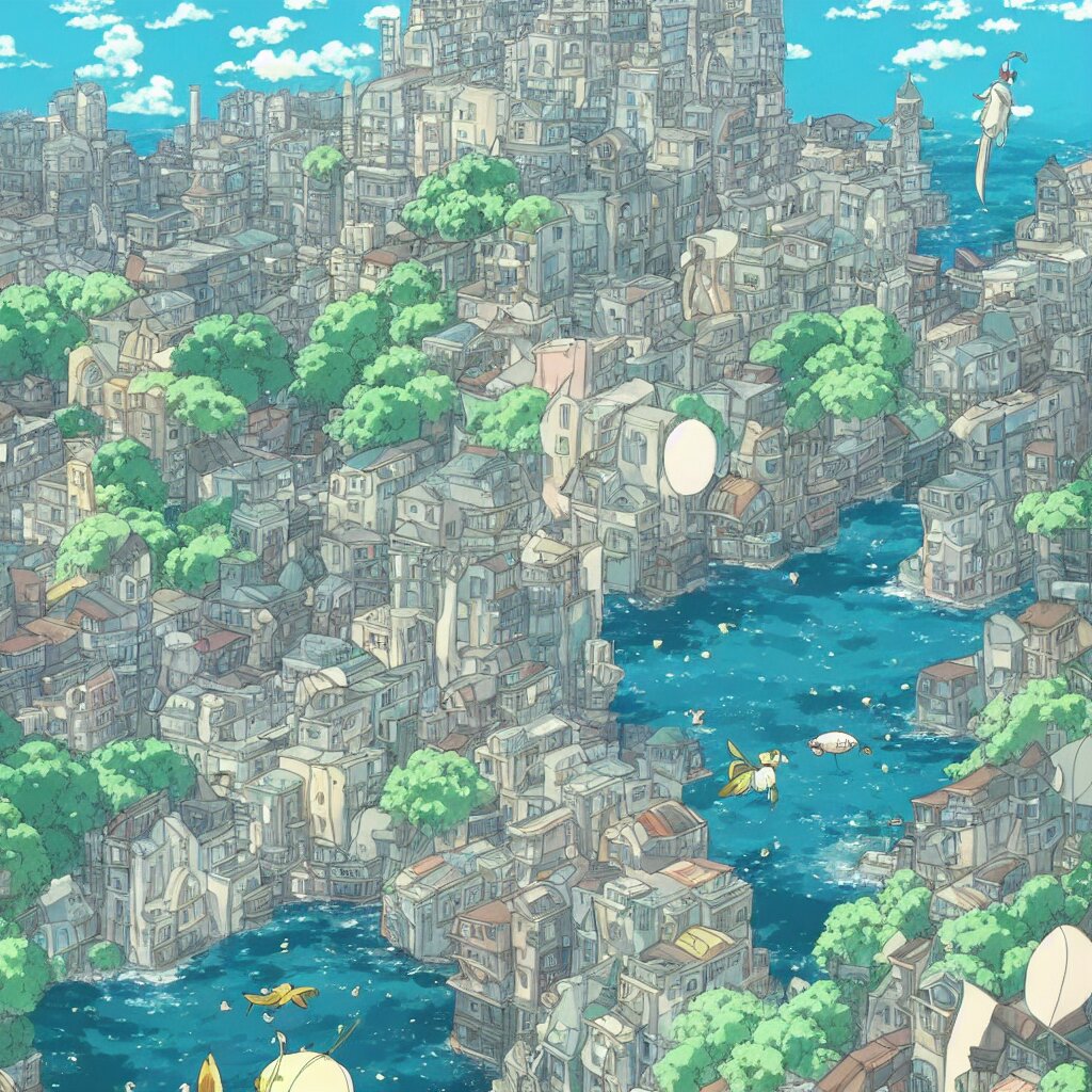 a beautiful Studio Ghibli movie still in the fantastical cityscape of bizarre and fantastical landscapes like UP or Spirited Away. change the cityscape to one of the bizarre and fantastical landscapes in Studio Ghibli movies like UP or Spirited Away.