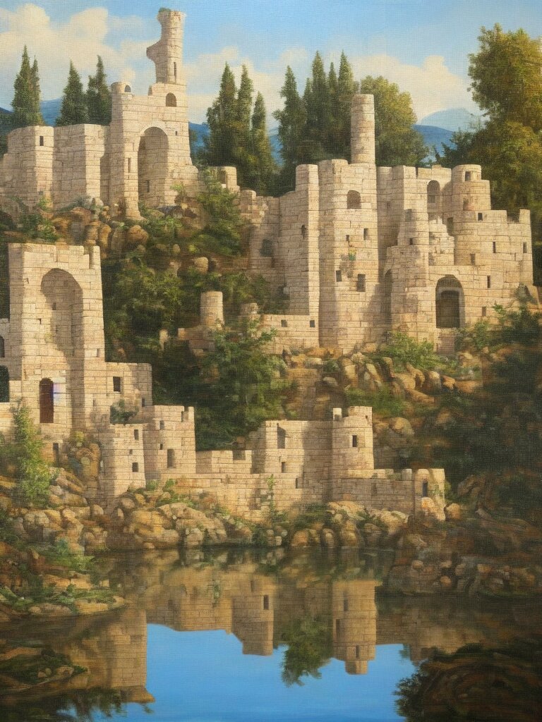 an ancient white castle in the turkish style, with the lake reflecting a shadow similar to it. 8 k, oil on canvas, hyperdetailed 