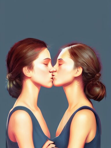 Two girls kissing, red, orange, and yellow digital painting, elegant, beautiful, highly detailed, artstation, concept art. change the color palette to red, orange, and yellow