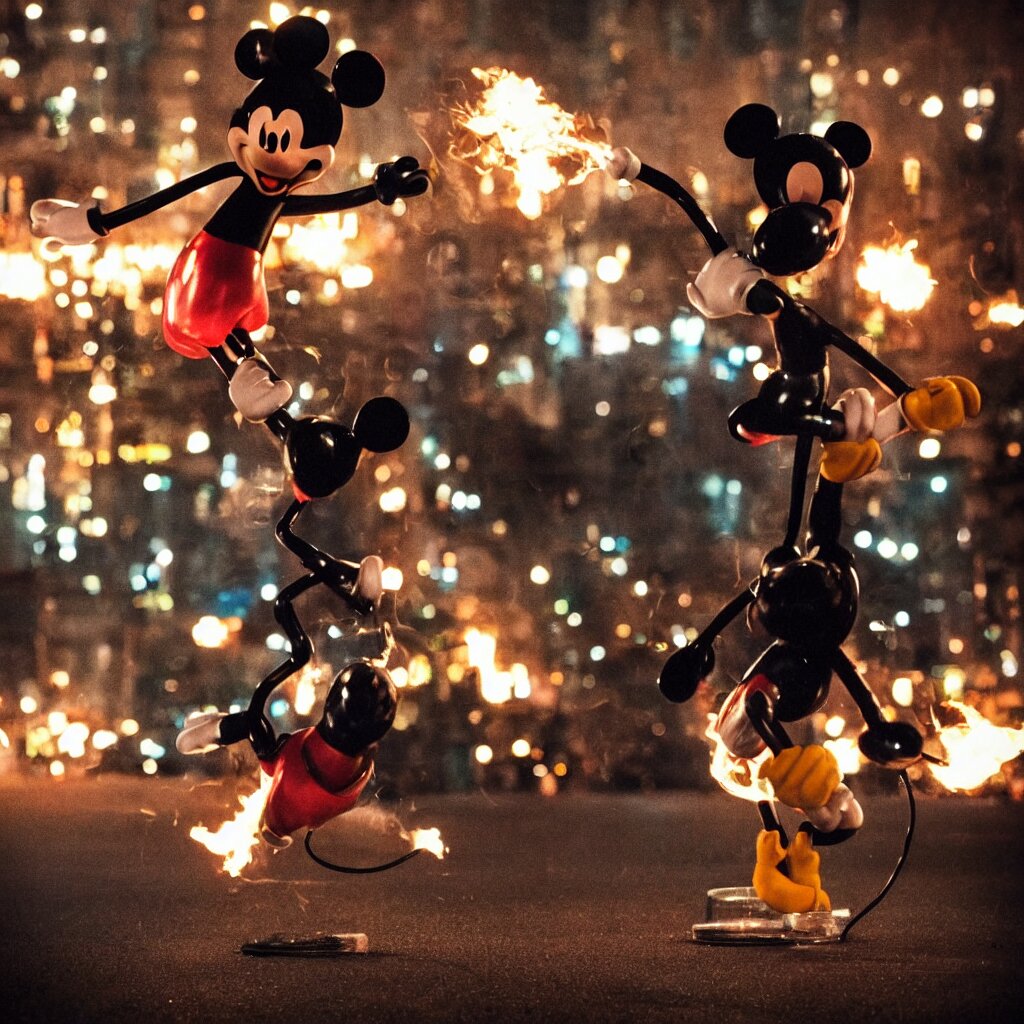 500mm telephoto lens bokeh lights!!! epic pose!!! protester humanoid Mickey Mouse throwing a Molotov cocktail in a popular revolt, fire, smoke, busy city , full body , Cinematic focus, Polaroid photo, vintage ,neutral dull colors, soft lights, foggy , by oleg oprisco , by national archives, by discovery channel, by victor enrich , by gregory crewdson