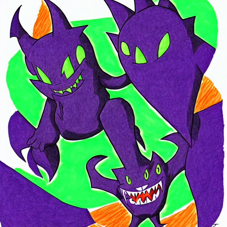 Gengar Transformation Collage: Gastly Haunter Gengar and Mega Gengar. gastly haunter gengar and mega gengar transformation collage, colorful line drawing, pencil, colored pencil, vibrant, colorful