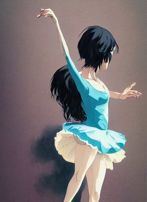 ballerina, artwork by Makoto Shinkai, inspired by Hirohiko Araki, clean details, light color palette, anatomically proportional, hd. Make her dance