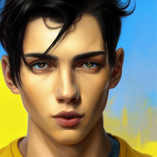 ultra realistic illustration, a young man with black hair, in a yellow t - shirt, with blue eyes, highly detailed, digital painting, artstation, concept art, smooth, sharp focus, illustration, art by artgerm and greg rutkowski and alphonse mucha 