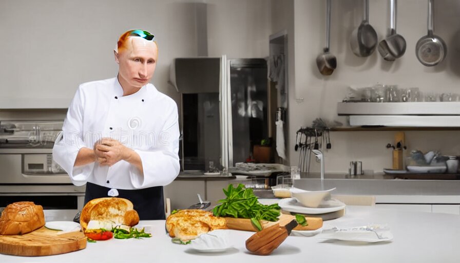 vladimir putin in white apron, cooking dinner in a kitchen with high key lighting. Remove the person