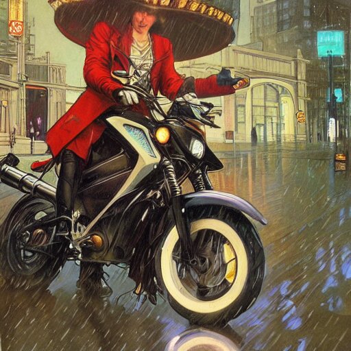 futuristic drz 4 0 0 s time machine at night in the rain driving on the a city street by greg rutowski, by stanley artgerm, by alphonse mucha 