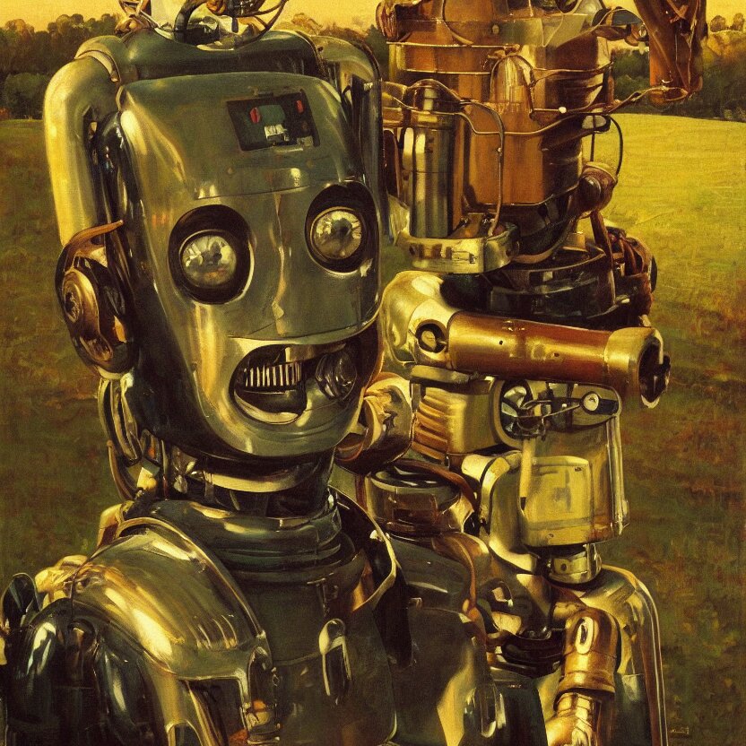 portrait painting of a robot made of shiny reflective chrome, painted by norman rockwell. agricultural scene. pulp sci - fi art for omni magazine. high contrast. dark background. baroque period, oil on canvas. renaissance masterpiece. trending on artstation. retrofuturism. 