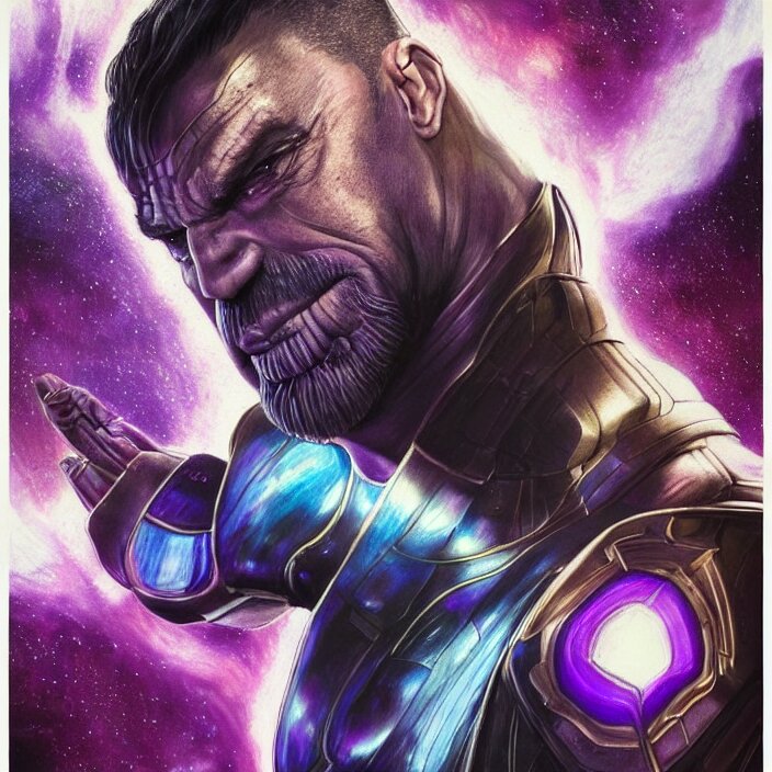 portrait of till Lindemann as thanos, exploding planet in background. Iridescent details. Detailed pencil drawing. trending on artstation, very coherent symmetrical artwork. cinematic, hyper realism, high detail, iridescent accents