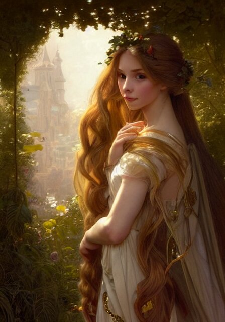 rapunzel with long gold hair magic, intricate, elegant, highly detailed, digital painting, artstation, concept art, smooth, sharp focus, illustration, art by artgerm and greg rutkowski and alphonse mucha and william - adolphe bouguereau 