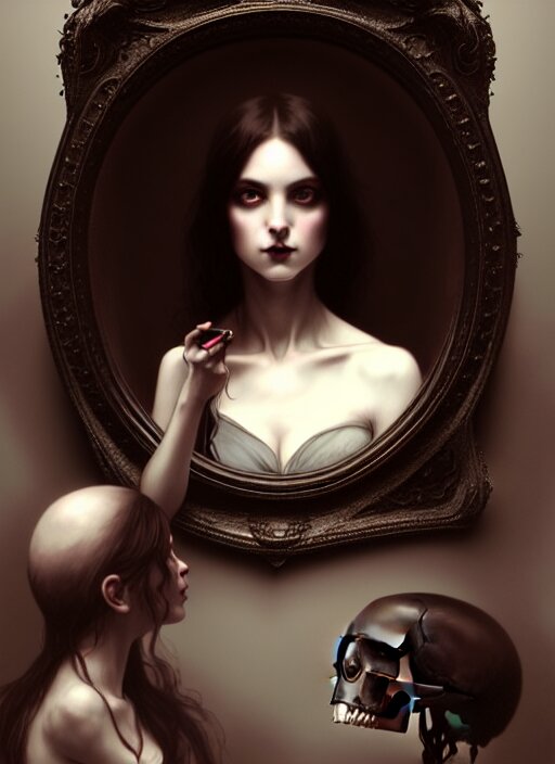 “a witch looking into her mirror. add a face to the mirror”