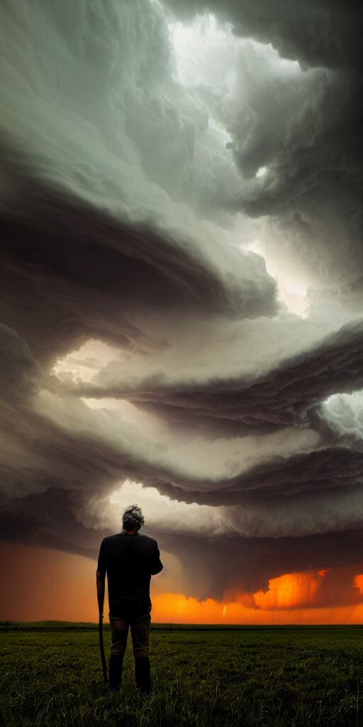 a man resting smoking a joint at the end of the world, a supercell storm dark and brooding far away in the distance, open farming fields the foreground during sunset, by stephen king, storm of all storms, end of the world, nature, cinematic, hyperrealistic, evil, dark, cgsociety, 8 k