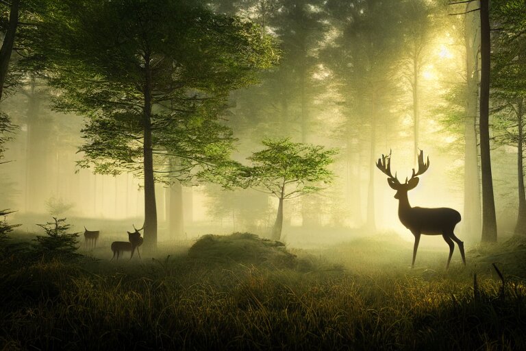 A misty forest scene polluted with haze, with a deer in the foreground with bright glowing eyes, the sun glistening through the trees, hyper realistic photograph, octane render 8k, trending on artstation, unreal engine. add a layer of haze, or pollution, to the sky