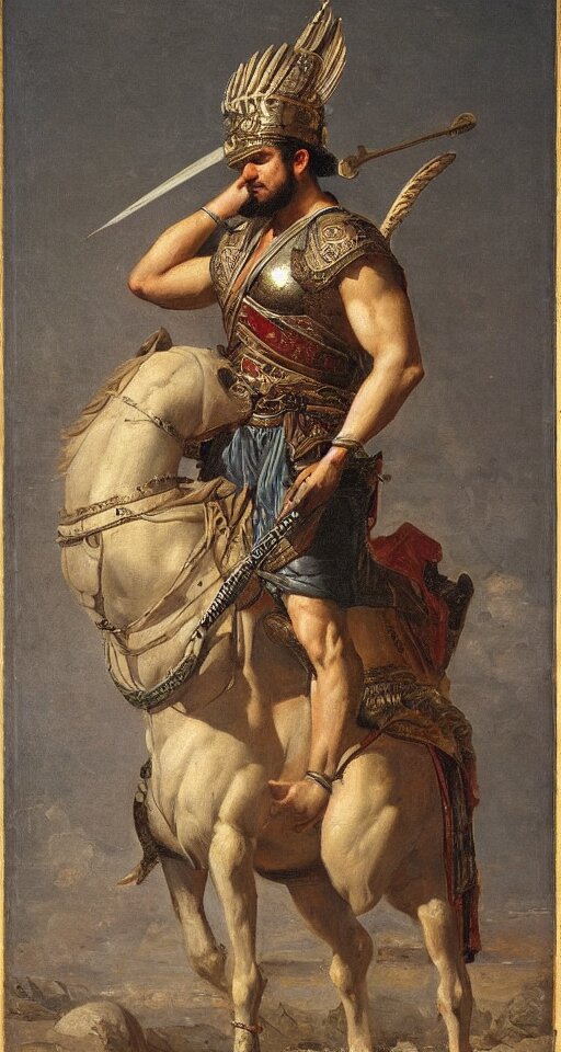 orientalist portrait painting of a the great greek warrior achilles with a cormorant on his shoulder, in romantic style, sfumato