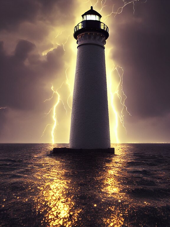 photo of 8k ultra realistic lighthouse on an island, heavy rain, lightning storm, boat lights in distance, night, light shining, heavy seas, full of color, cinematic lighting, masterpiece, art by Alena Aenami. photo of 8k ultra realistic lighthouse on an island, heavy rain, lightning storm, boat lights in distance, night, light shining, heavy seas, full of