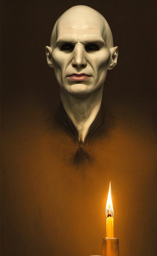 a beautiful portrait of voldemort illuminated by a candle in a dark room, by rembrandt- now a woman. make her a women