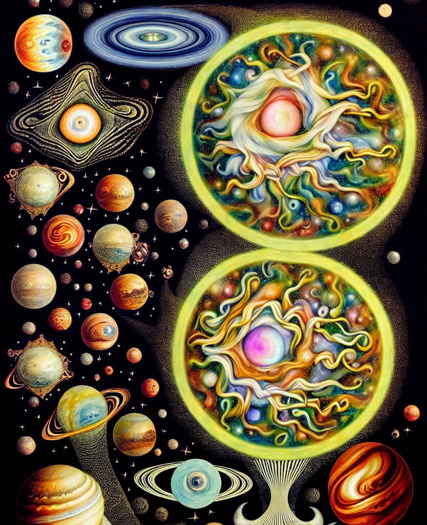 whimsical uncanny creature alchemizes unique canto about'as above so below'being ignited by the spirit of haeckel and robert fludd, breakthrough is iminent, glory be to the magic within, to honor jupiter, painted by ronny khalil replace "Jupiter" with "Saturn"