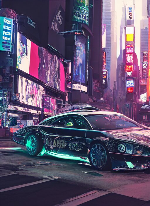 Sci - fi car organic flowing shapes 3 d realistic render in the coronation of napoleon painting and times square digital billboards with point cloud in the middle, in cyberpunk 2 0 7 7 colors, unreal engine 5, keyshot, octane, artstation trending, ultra high detail, ultra realistic, cinematic, 8 k, 1 6 k, in style of zaha hadid. Add a dystopian vibe.