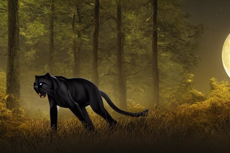 A Panther Roars in the Forest during the Night, with a Large, Shiny Moon in the Center. High Quality. Illustration. 4k. Cinematic. Photoreal. Highly Detailed. Dramatic. Darkness. Moonlight. Add a lightining bolt in the sky