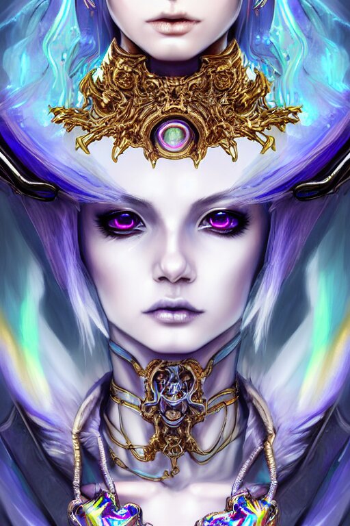 hyperdetailed portrait, dramatic angle, detailed azure eyes, stunningly beautiful female lich made of iridescent metals and shiny gems, ethereal rainbow aura, golden necklace, noble perfect androgynous skeleton inspired by ross tran and wlop and masamune shirow and kuvshinov, concept art, intricate, highly detailed, vivid, 8 k, huang guangjian, cgsociety, hdr 