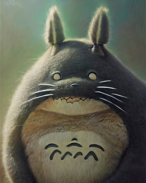 portrait of real life totoro, hyperrealistic, very detailed fur, sharp focus, fine lines, fine art, soft colors, in rays of sunlight, environmental background, detailed painting by mark arian, artgerm, bastien lecouffe - deharme