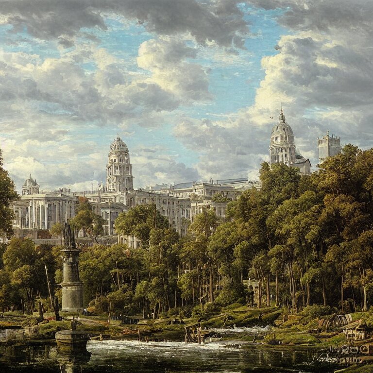 The city with big buildings and roads , flowing river between city around trees 