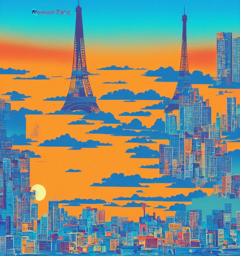 Gorgeous Romantic Sunset, Cliffside onlooking the Beautiful City of Paris, Warm Colors, Tropical, in the Style of Hiroshi Nagai, Very Detailed, Tropical, 8 0 s. As a color infrared photograph