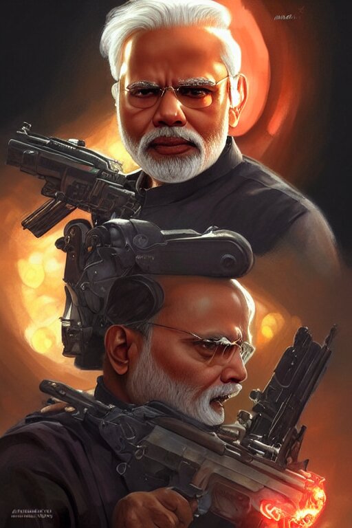 Indian Prime Minister, harsh light, reflective surfaces, red and yellow accents, action shot