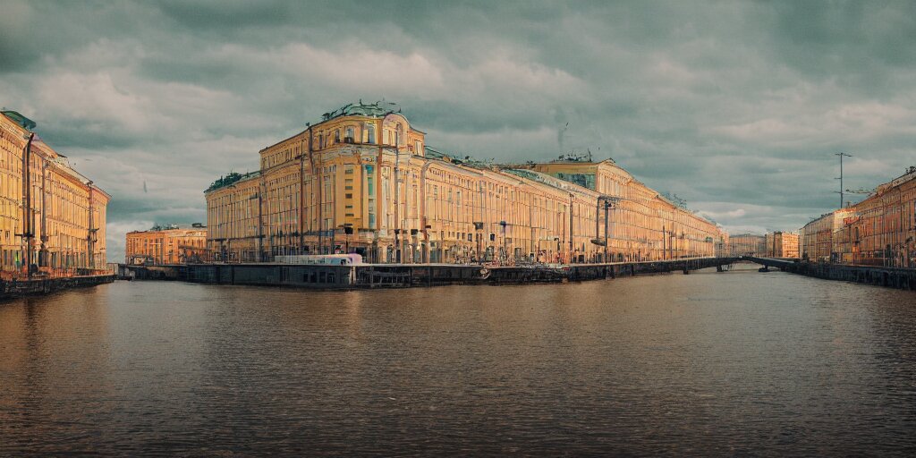 cinematic street shot of a floating saint petersburg city, telephoto, anamorphic cinematography, beautiful composition, color theory, leading lines, photorealistic, moody volumetric lighting